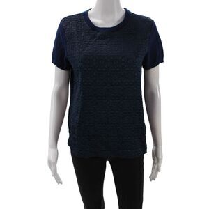 Raoul Womens Cashmere Crew Neck Brocade Detail Short Sleeve Top Blue Size L